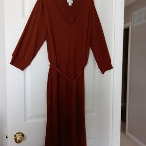 Ava & Viv Rust Long Sleeve V-Neck Belted Midi Dress